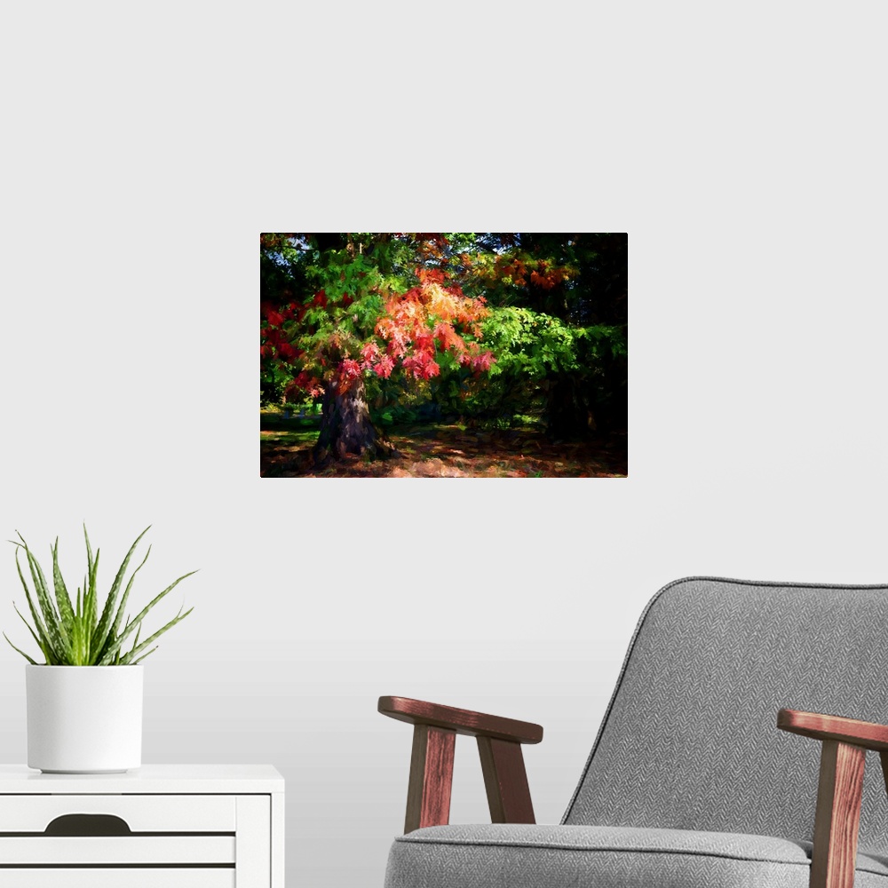A modern room featuring Expressionist photo or painterly of an oak tree in autumn