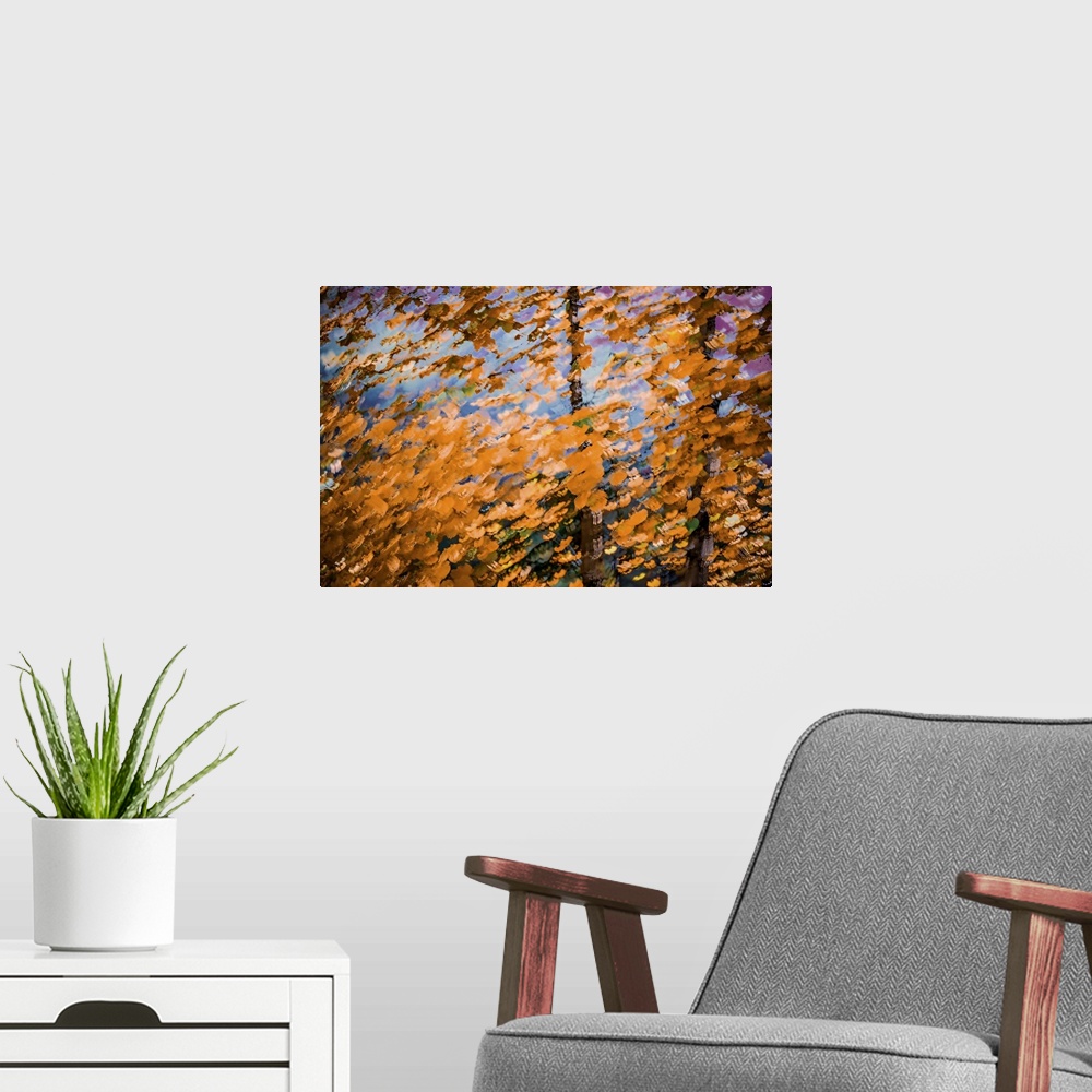 A modern room featuring Fall leaves against a warm sky.