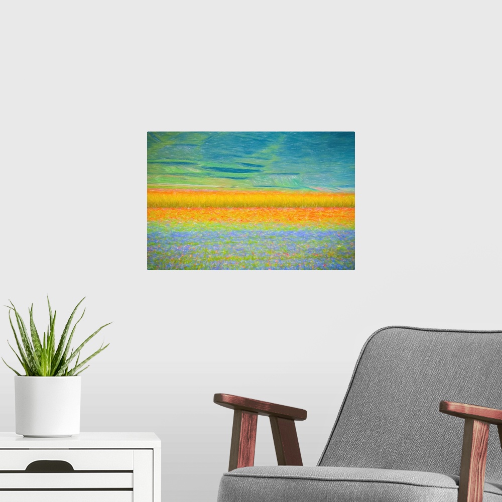 A modern room featuring Fine art photo of a field of colorful flowers forming abstract shapes.
