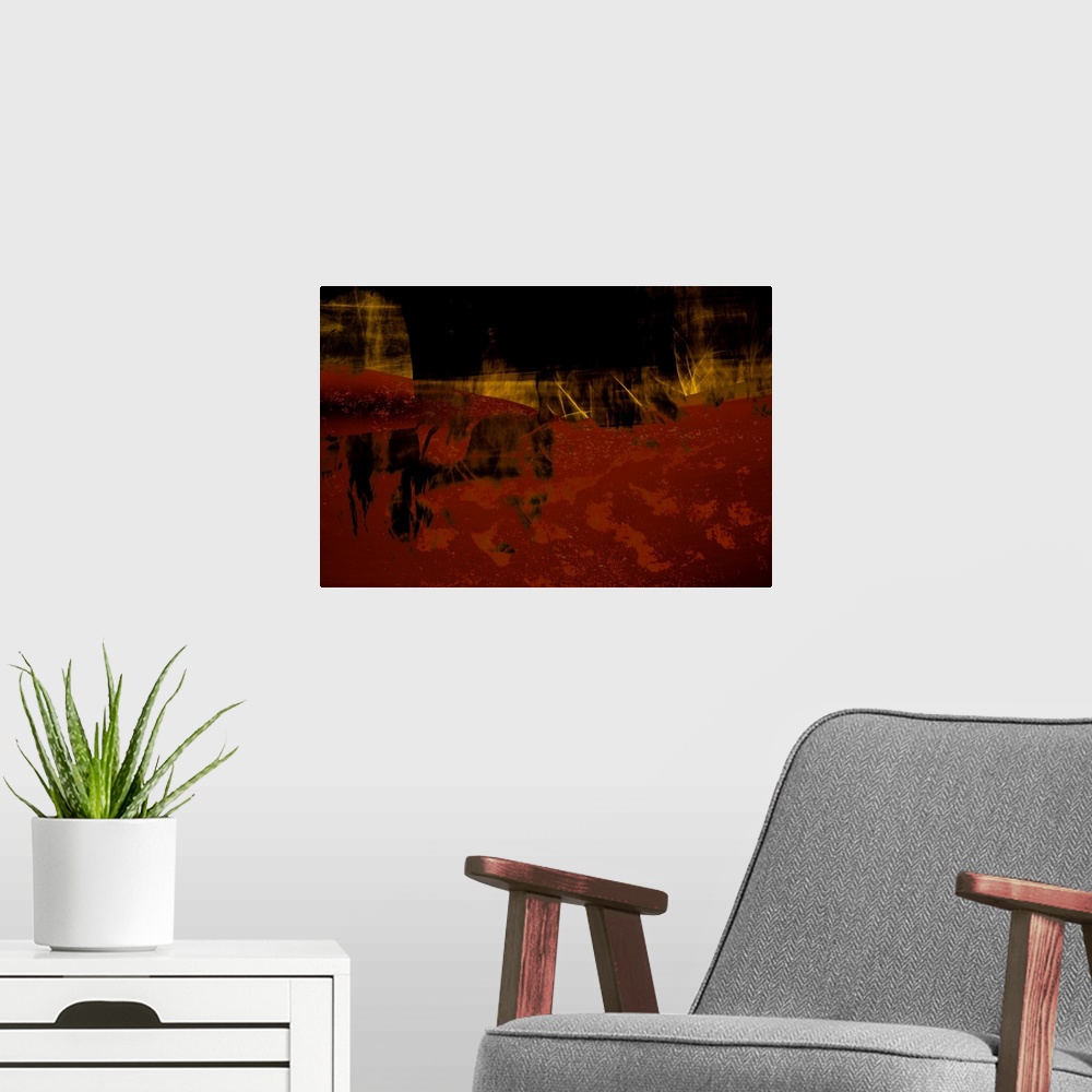 A modern room featuring Abstract image with deep red, black, and golden hues layered together to create texture.