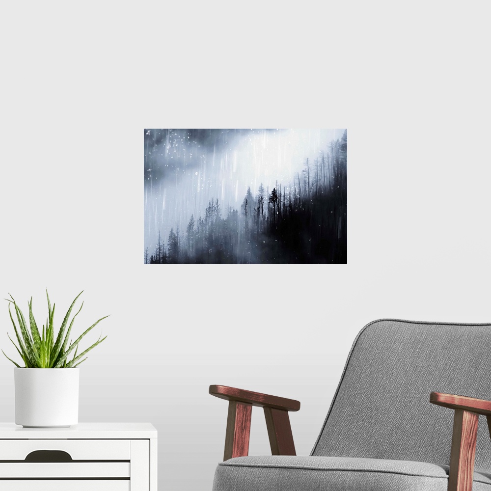 A modern room featuring Fine art photograph of a light snowfall over a forest of dark trees.
