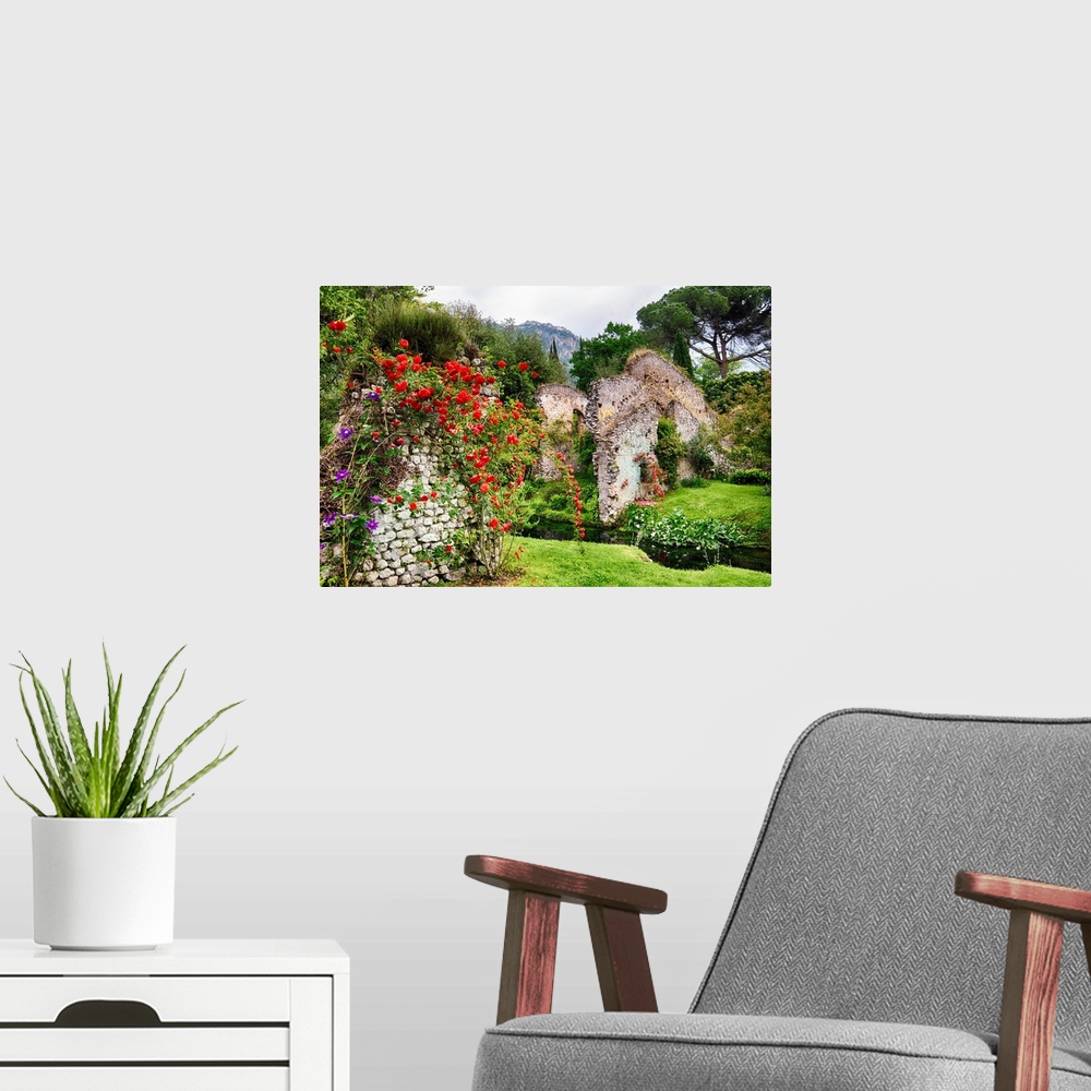 A modern room featuring Garden with historic ruins and blooming flowers, Latina, Italy.