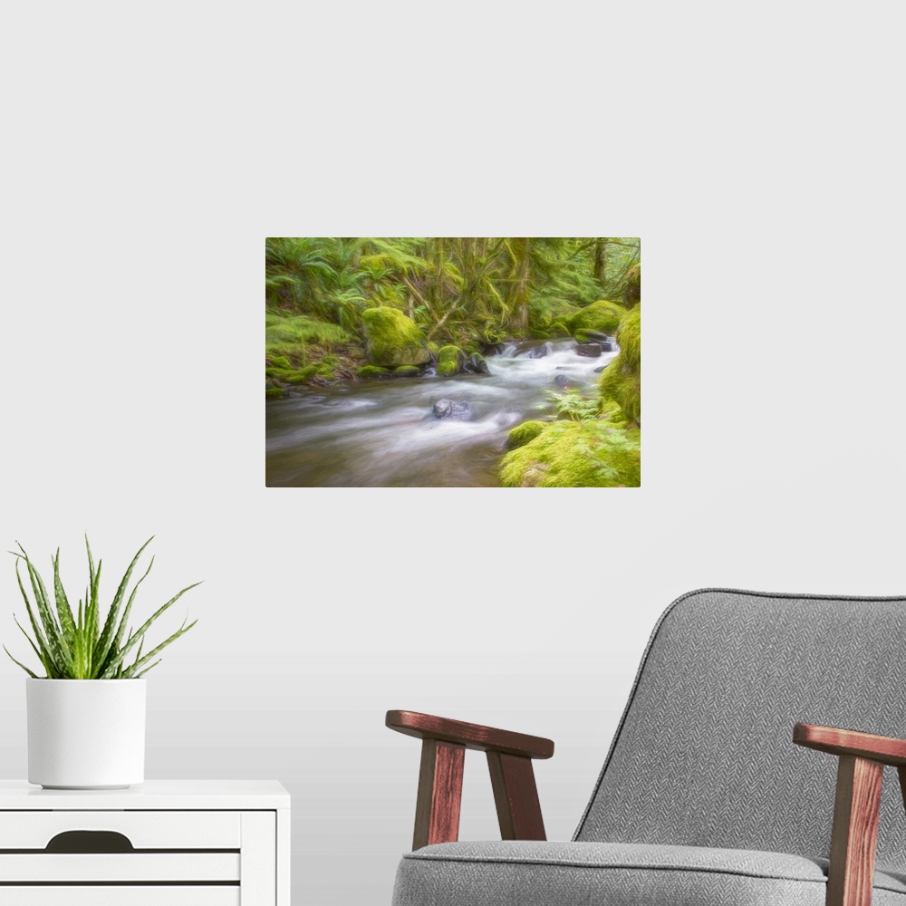 A modern room featuring Painterly forest and creek