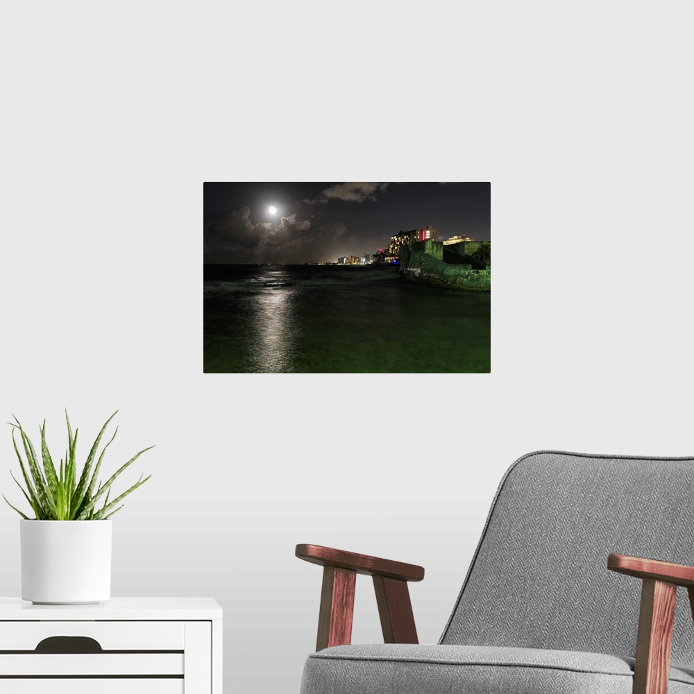 A modern room featuring Night Scenic View of Ocean Front Buildings of Condado and Fort