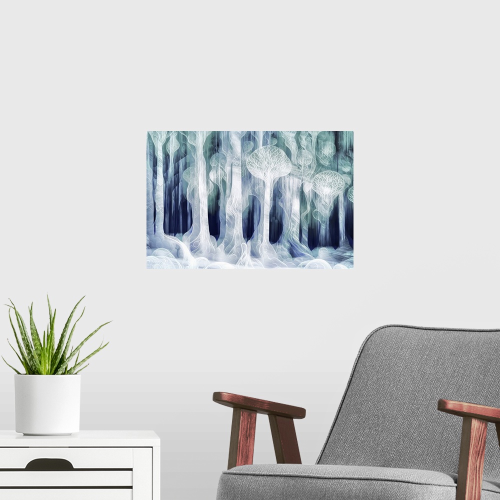 A modern room featuring A group of light trees against a dark background, reinterpreted to look like "ghost trees". This ...