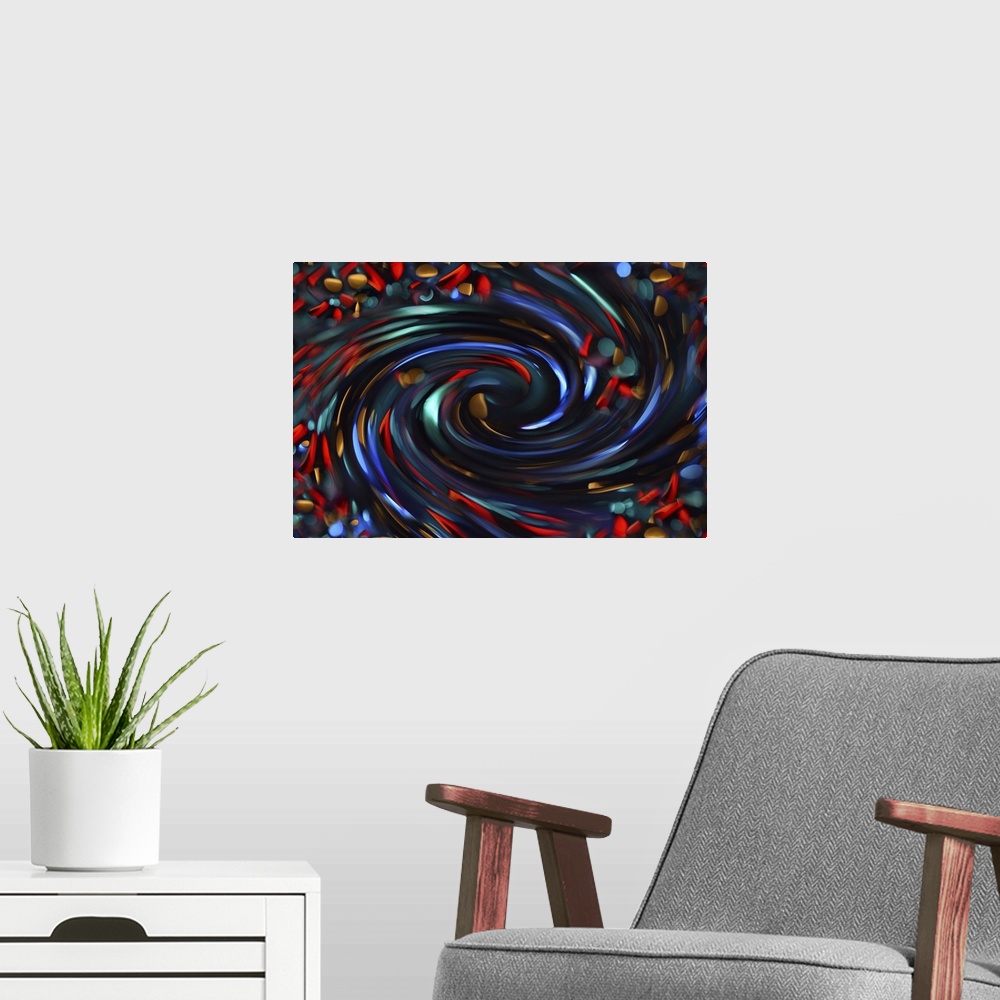 A modern room featuring An abstract macro photograph of a swirling of colors and forms.