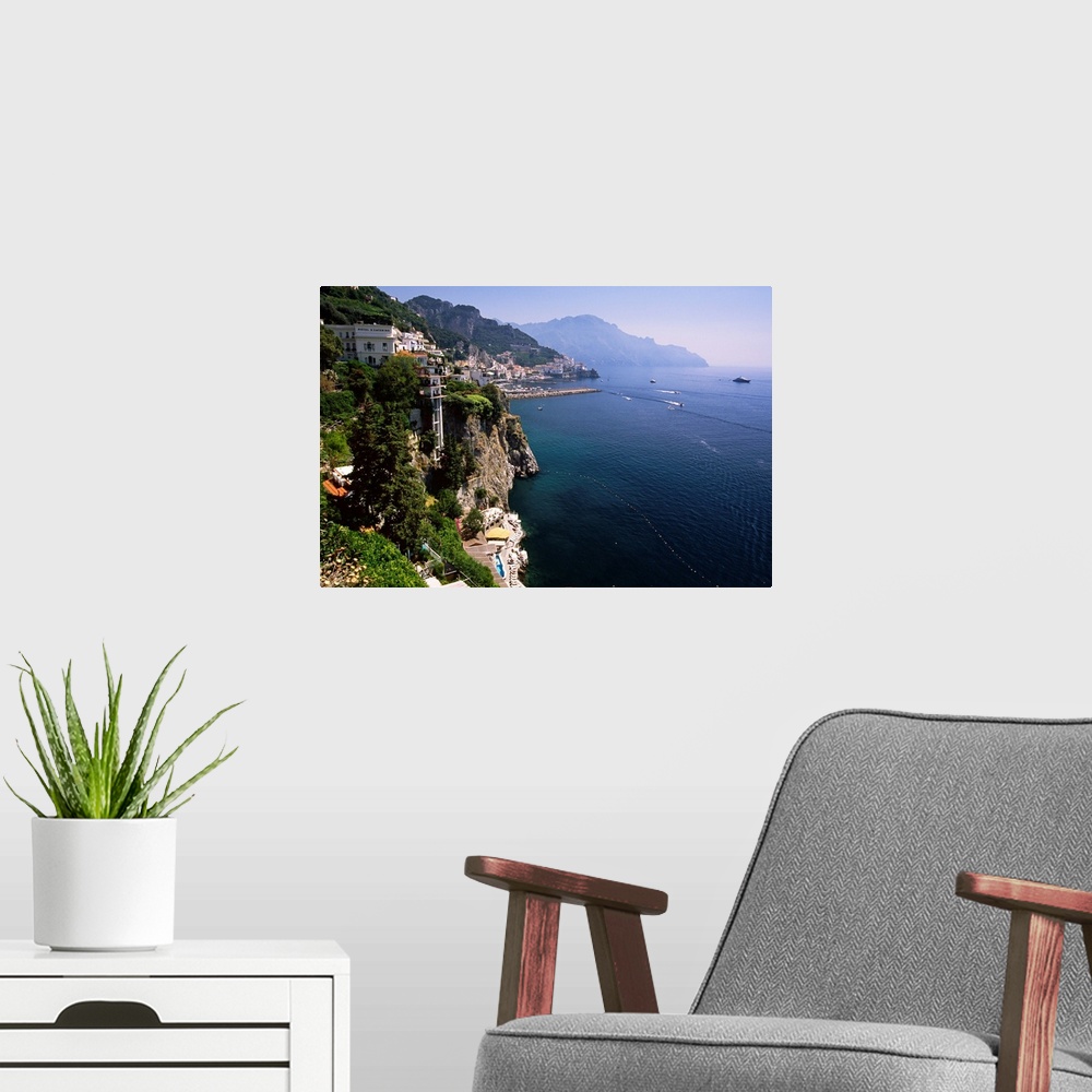 A modern room featuring High angle view of the Amalfi Coastline at Amalfi, Campania, Italy.