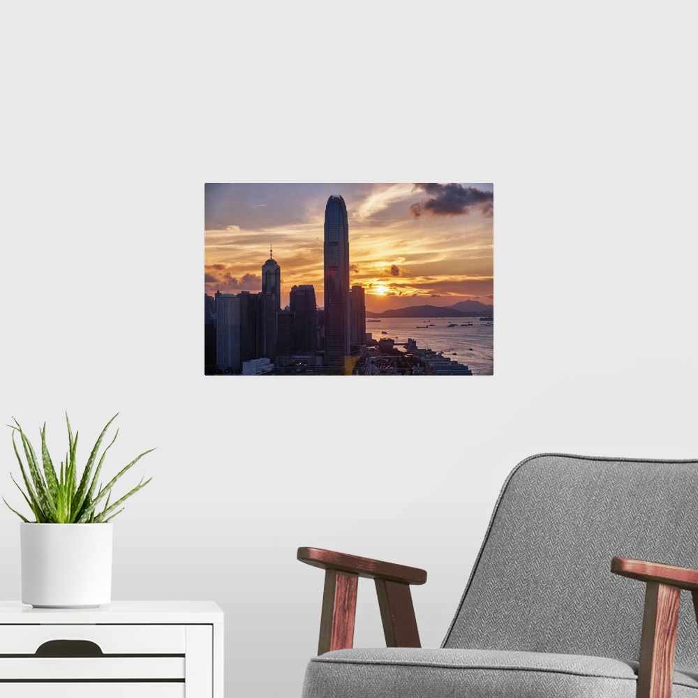 A modern room featuring Skyscrapers of the International Commerce Center at Sunset, Hong Kong
