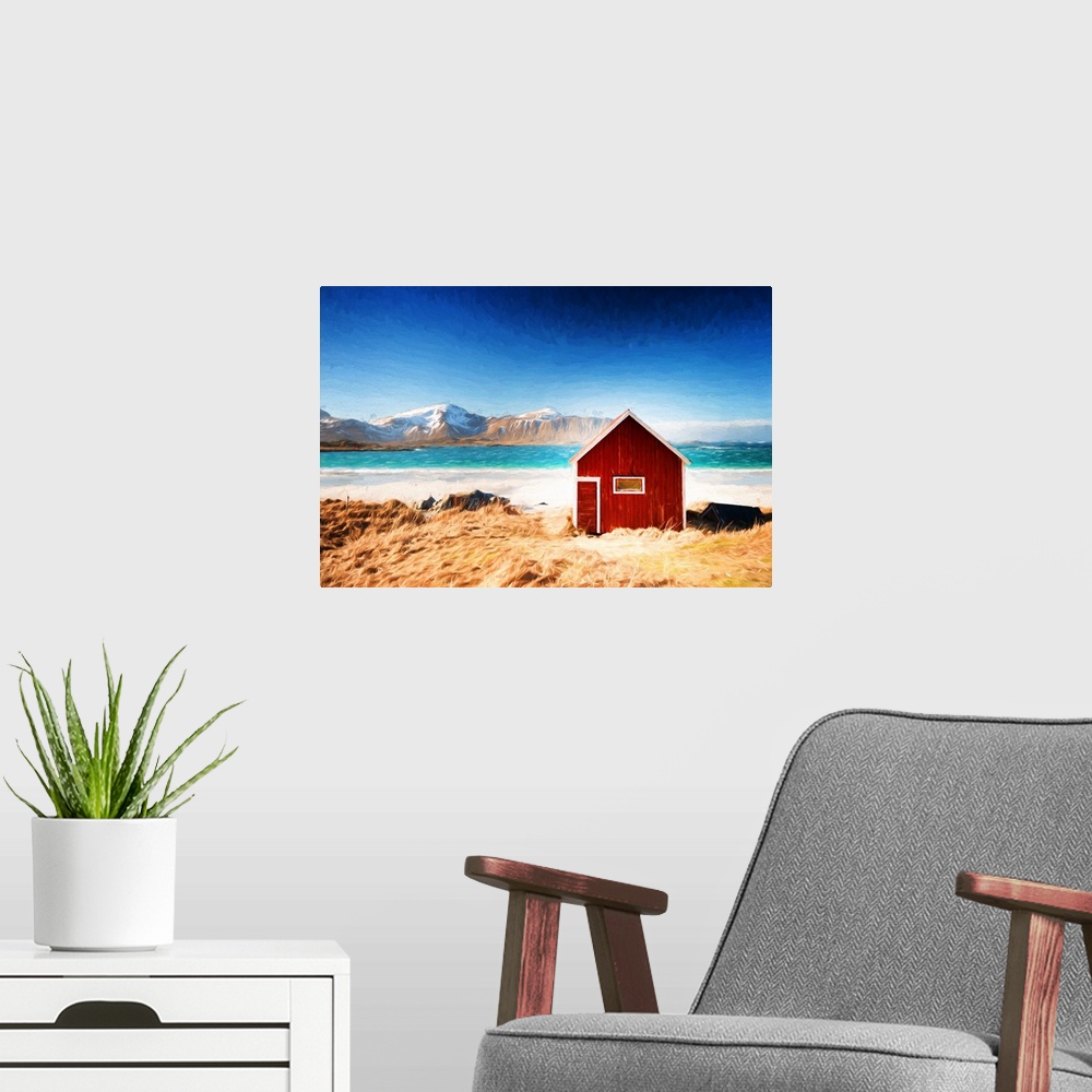 A modern room featuring A photograph of a red house sitting in a rugged landscape with a snow covered mountain in the dis...