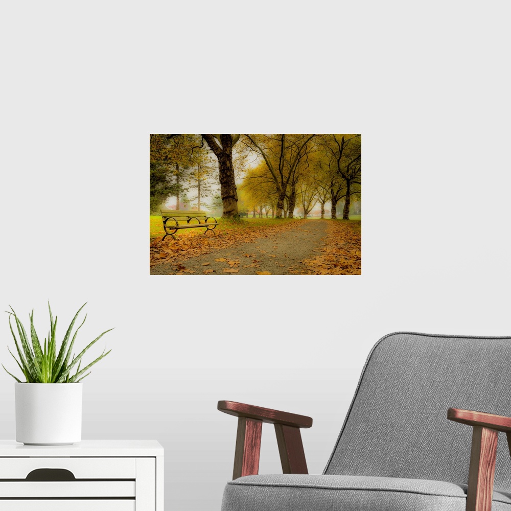 A modern room featuring A magical display of fall time in a park.