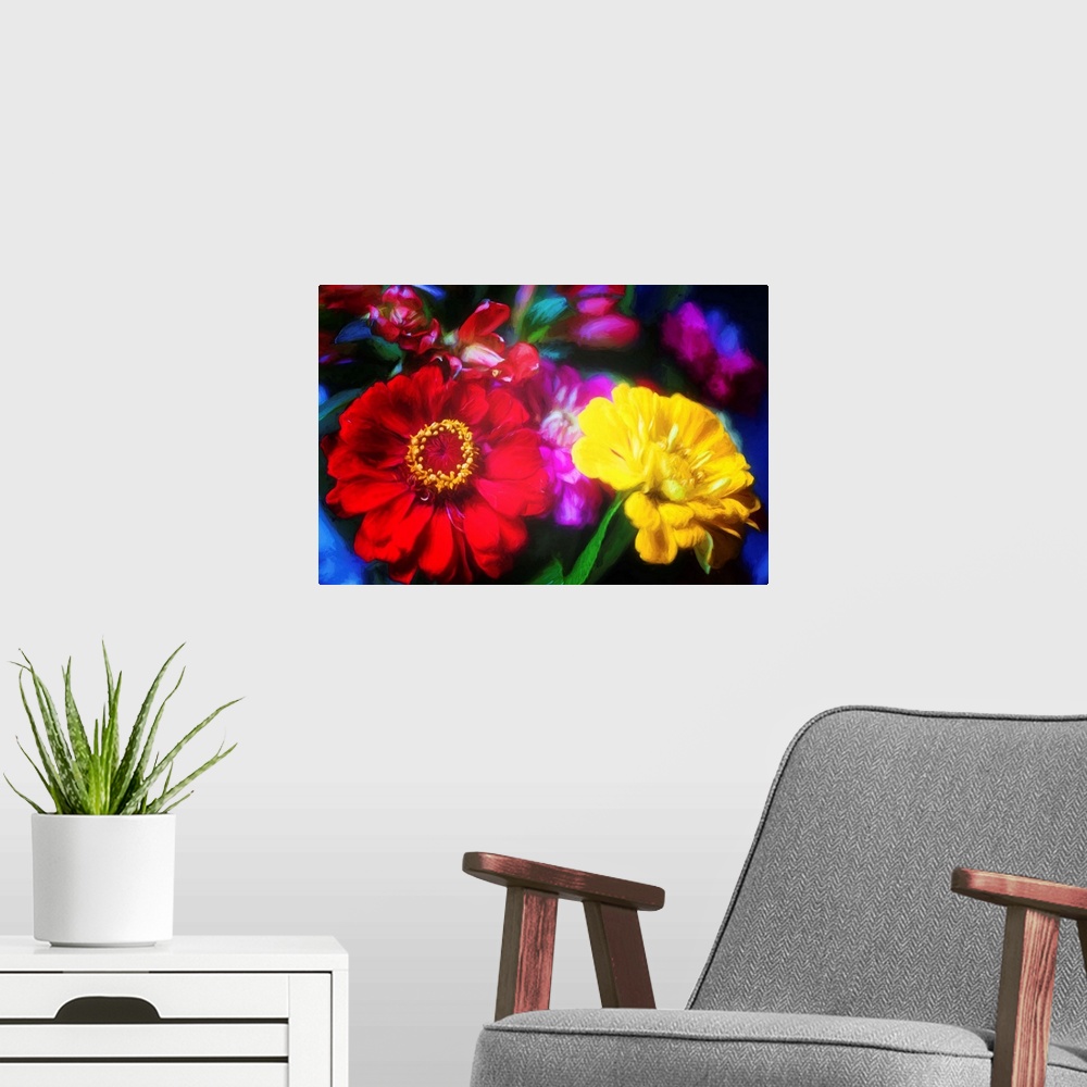 A modern room featuring Close-up photograph of yellow, purple, and red flowers with a painted look finish.