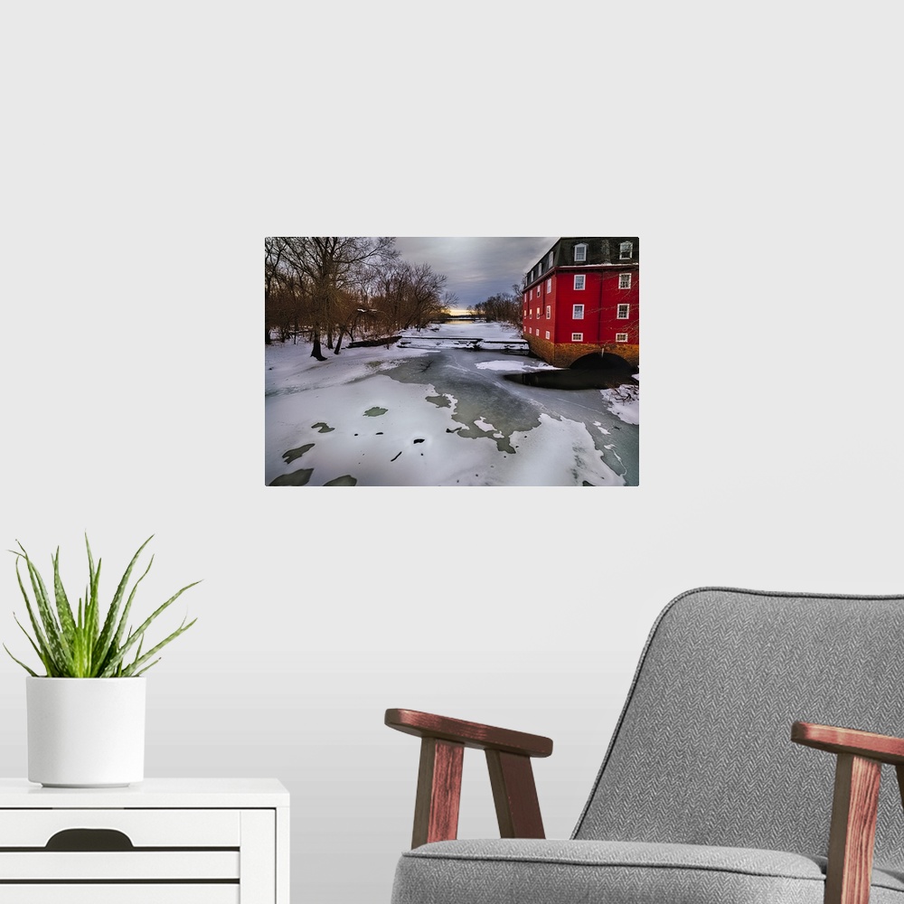 A modern room featuring Winter Landscape with the Kingston Gristmill at the Lake Carnegie Dam, New Jersey, USA