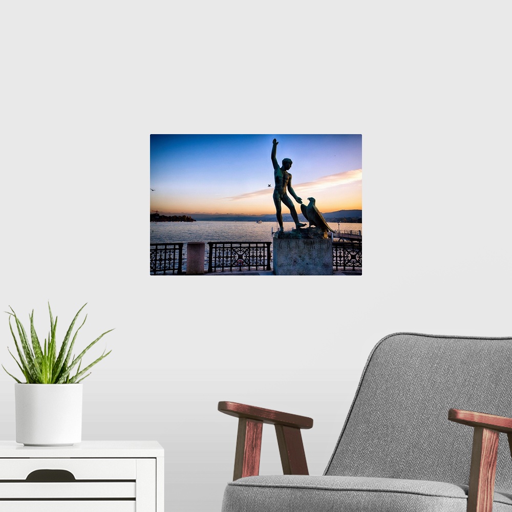 A modern room featuring Statue of  Ganymed on the Zurich Lake at Sunset, Switzerland
