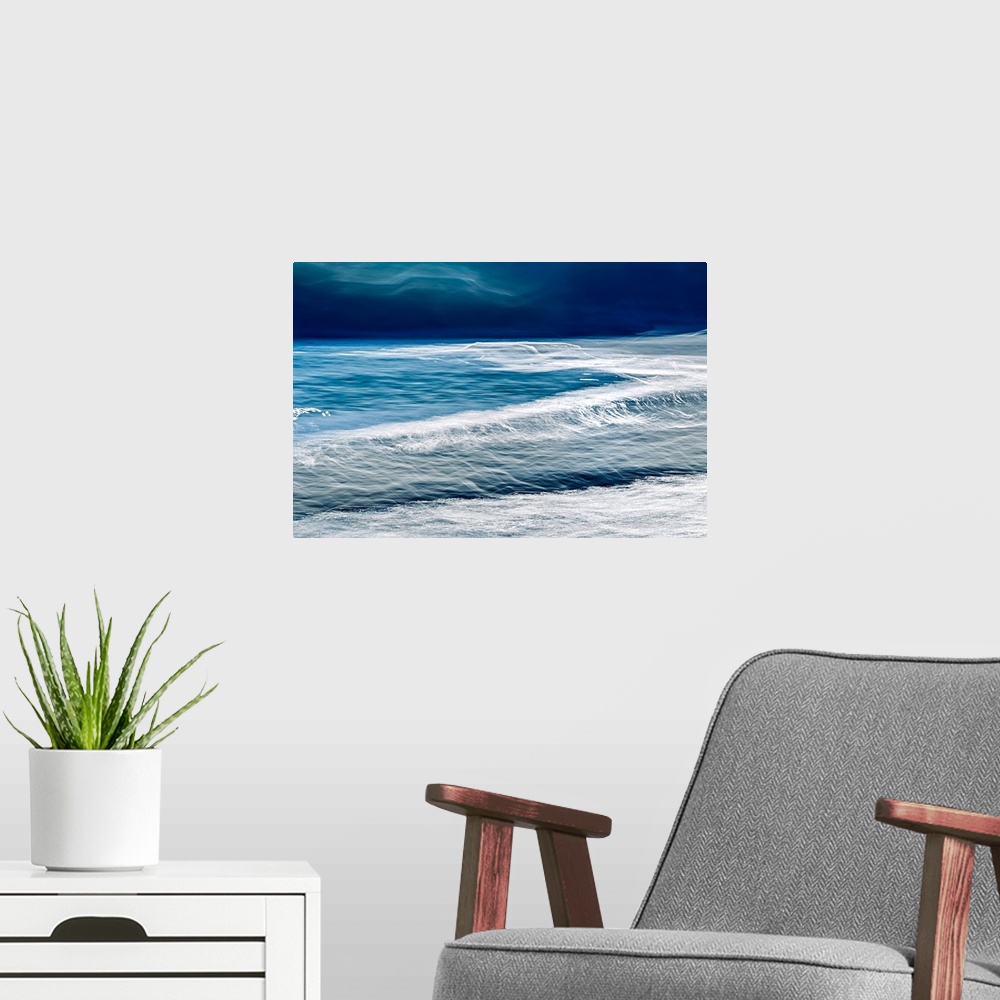 A modern room featuring Close-up of very blue Kootenay Lake on a windy day, whitecaps on the water. Photo made using the ...