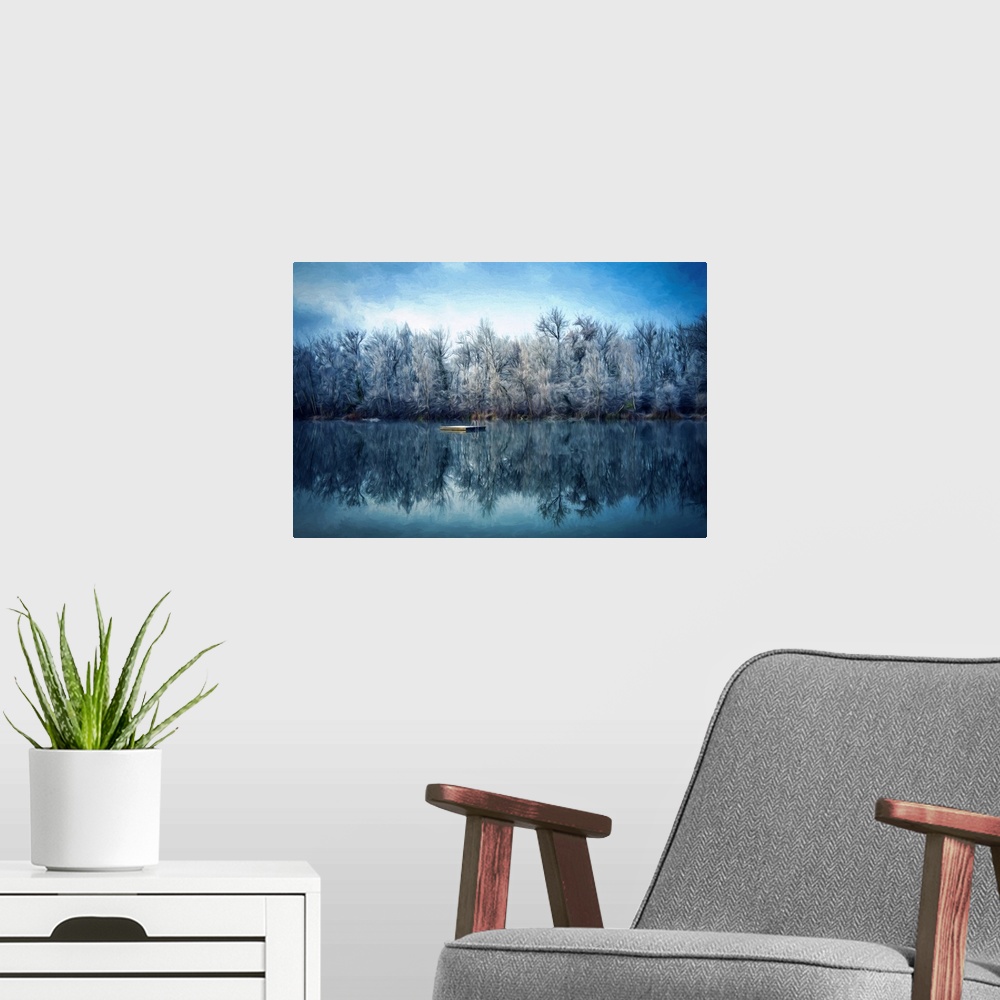 A modern room featuring Photo Expressionism - Trees are reflected in a lake.