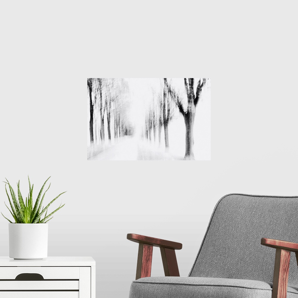 A modern room featuring Artistically blurred photo. A path through the fields near the City of Nijmegen, The Netherlands.