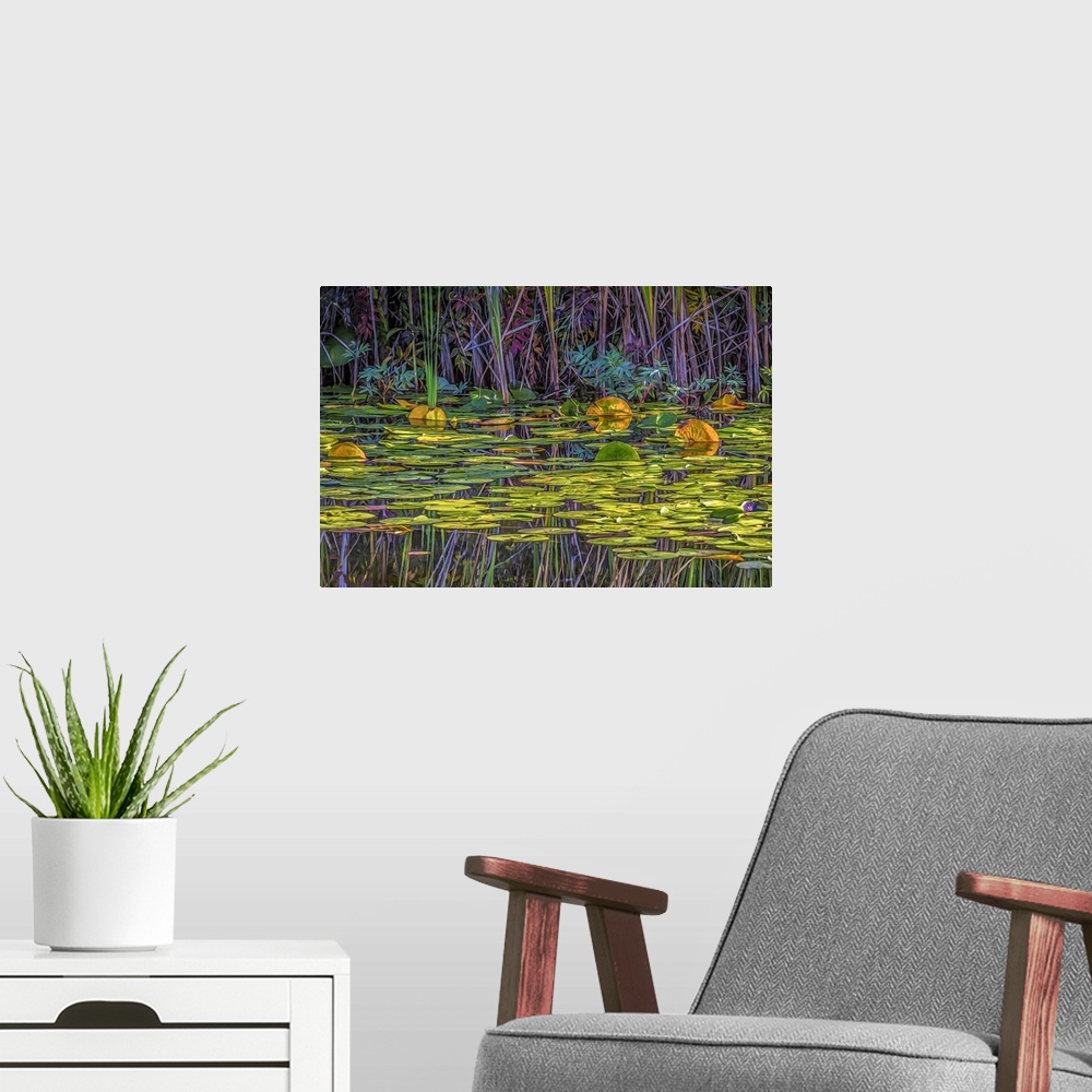 A modern room featuring A colorful painterly scene of a marsh with lily pads.