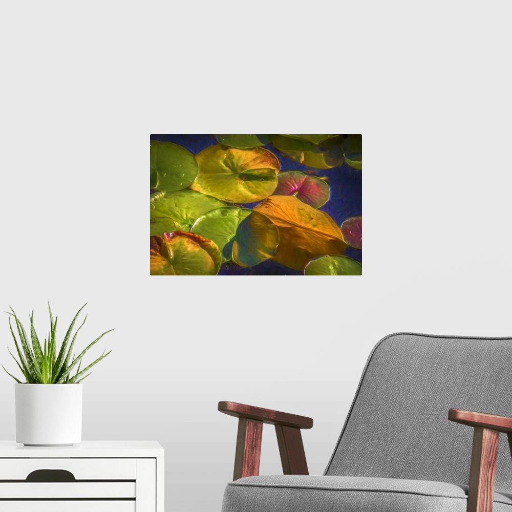A modern room featuring A colorful painterly scene of lily pads.