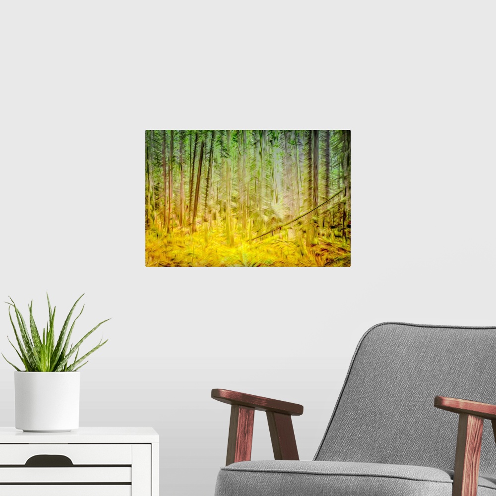 A modern room featuring Sunlight forest scene captured with In-Camera-Movement and multiple exposure.