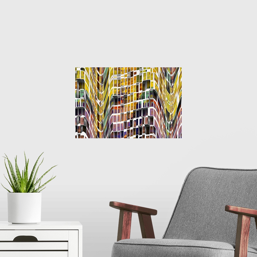 A modern room featuring Conceptual photo of windows in a skyscraper full of bright colors, warped and twisted to create a...