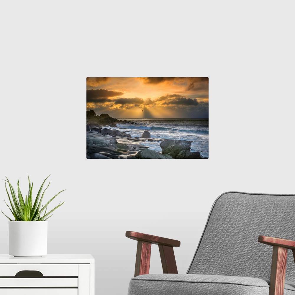 A modern room featuring Rocky coast of Lofoten, Norway, at sunset.