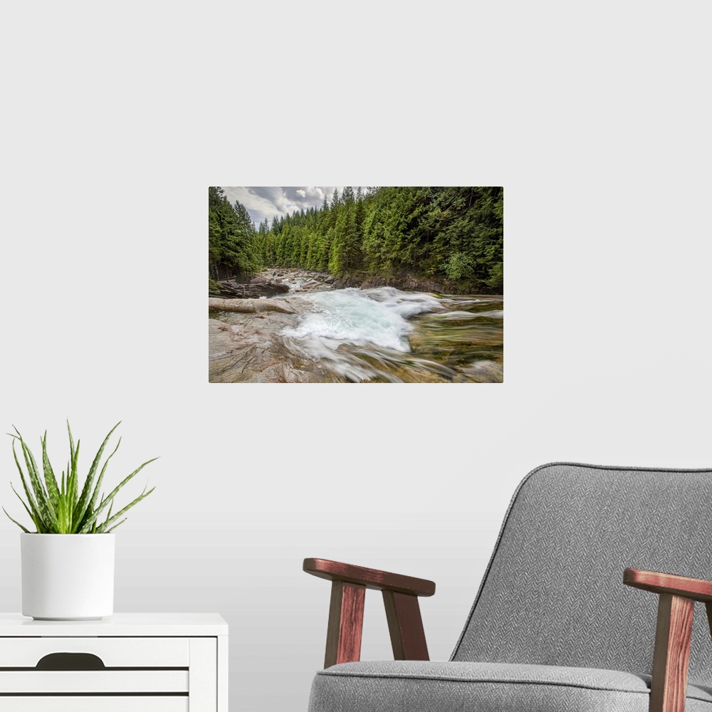 A modern room featuring A long exposure of a rushing river through a forest.