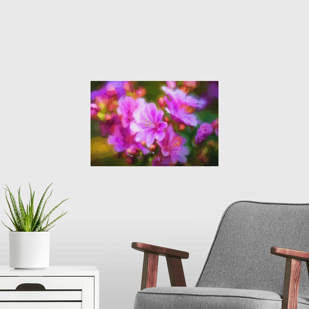 A modern room featuring Close-up of small purple flowers in expressionist photo