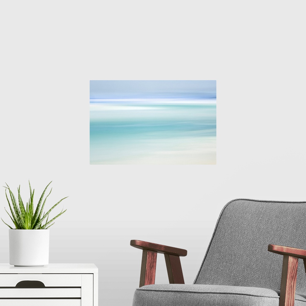 A modern room featuring Turquoise beach abstract in minimalist style of the water at Luskentyre Beach on the Isle of Harris.