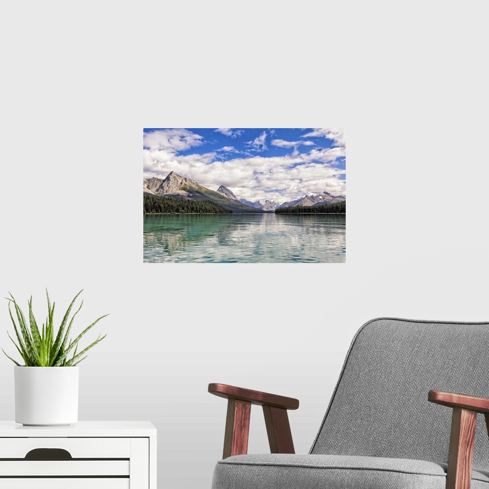 A modern room featuring Low Angle Scenic View of a Glacial Lake Surrounded by Mountains
