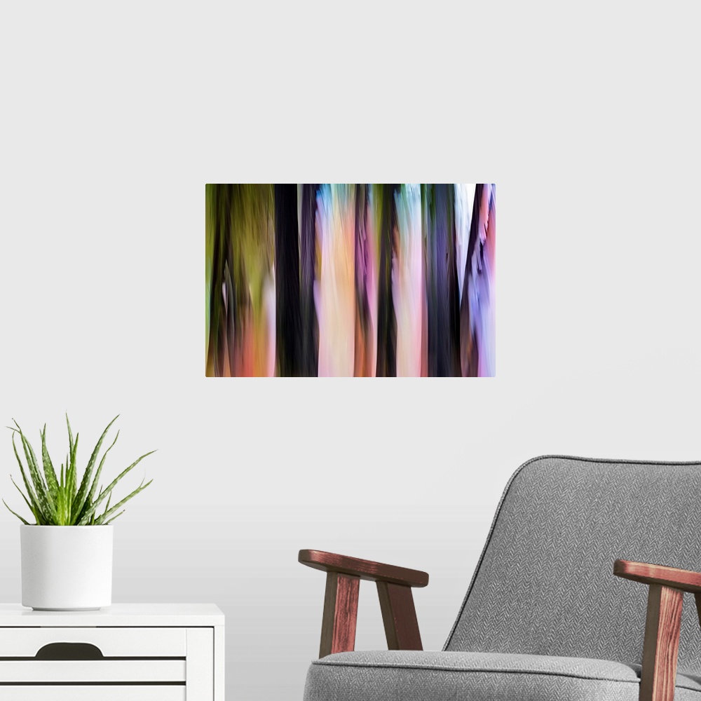A modern room featuring Abstract image of a group of cedars in a small town in British Columbia, Canada. The image was ma...