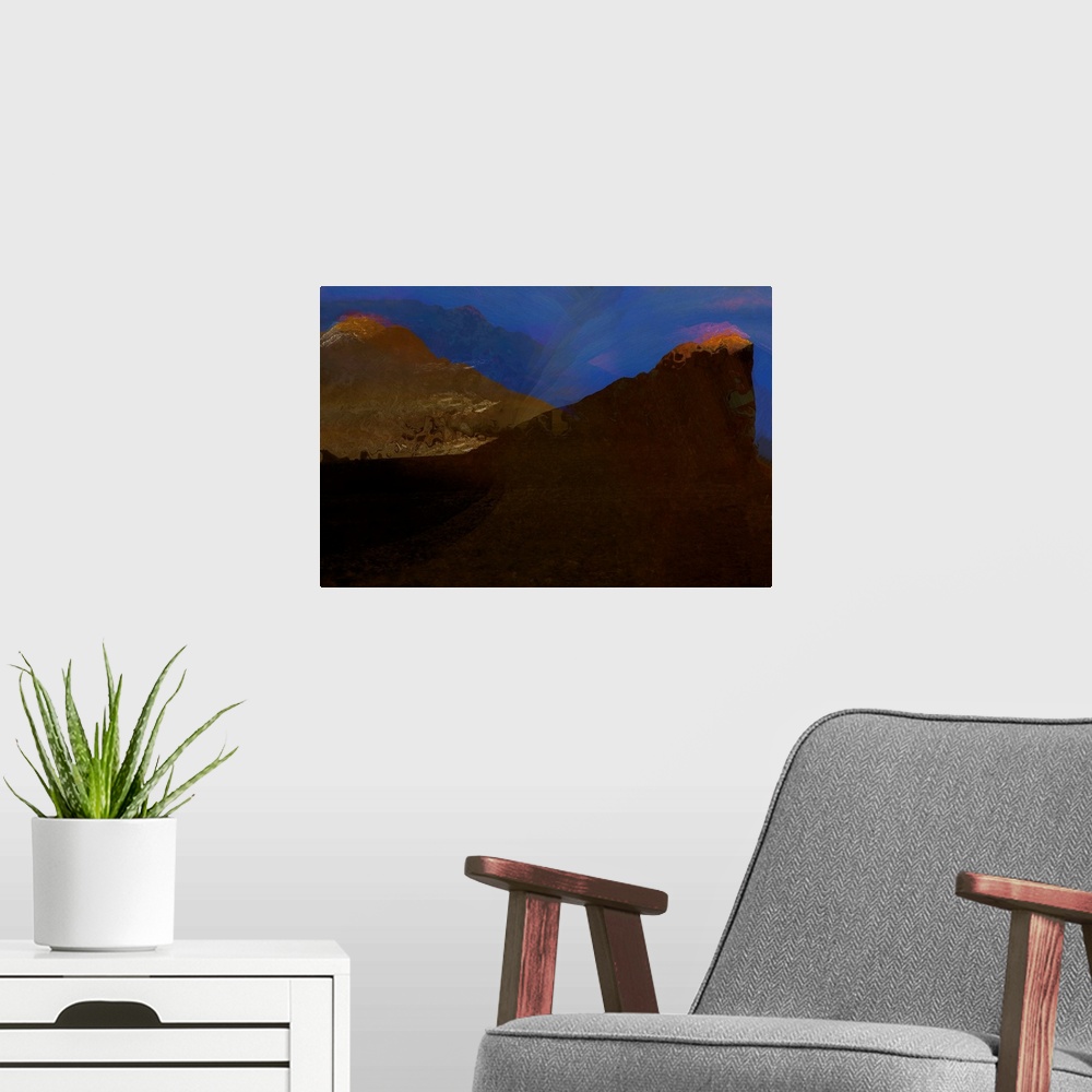 A modern room featuring Abstract photograph with marbling brown hues and textures resembling a mountain terrain on a blue...