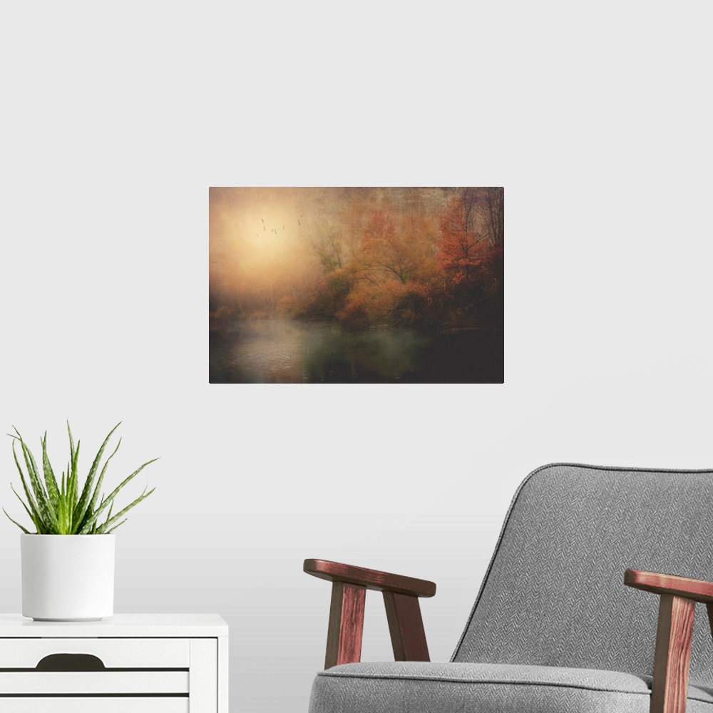 A modern room featuring Fog along a stream with the addition of photo texture