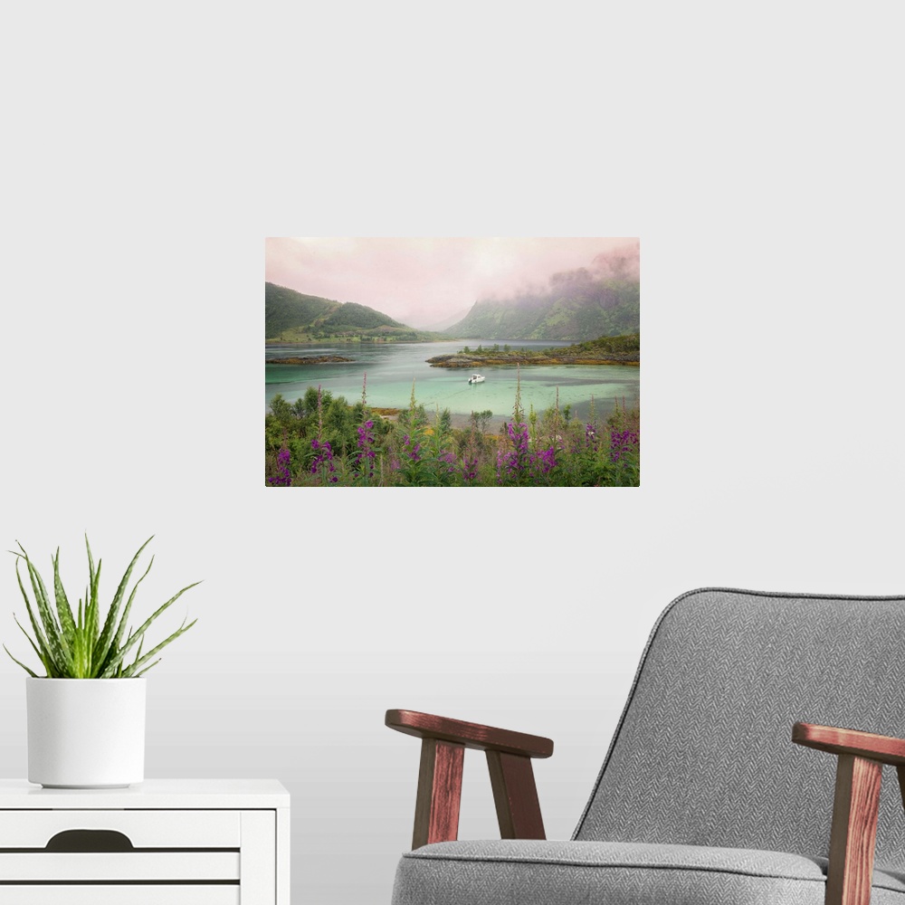 A modern room featuring A Norwegian lake below a mountain range under a blanket of thick clouds.