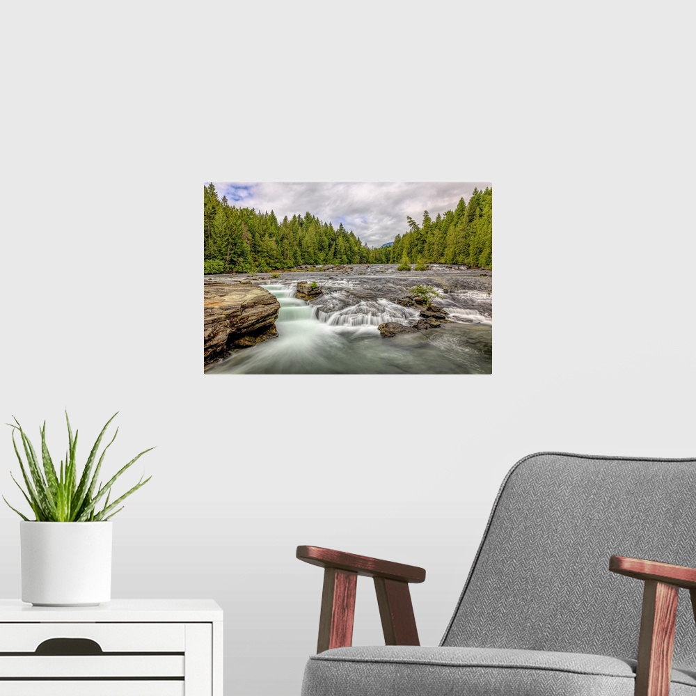 A modern room featuring Long exposure of Nymph Falls on Vancouver Island.