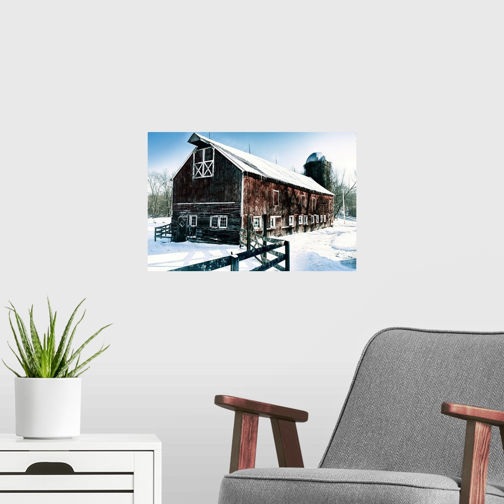 A modern room featuring Vintage Farm Building During Winter, Hunterdon County, New Jersey