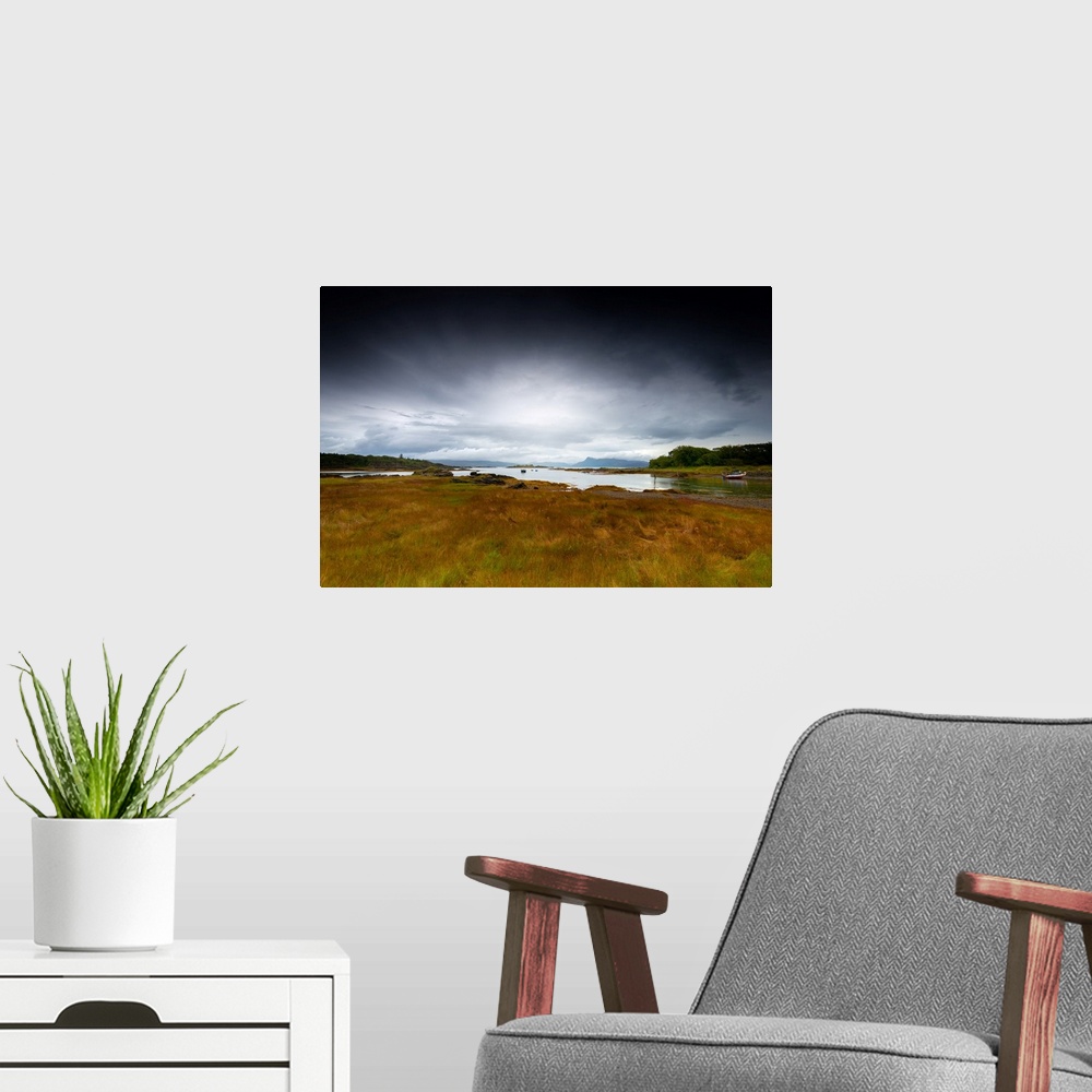 A modern room featuring Fine art photo of a grassy marshland at the edge of the water under a stormy sky.
