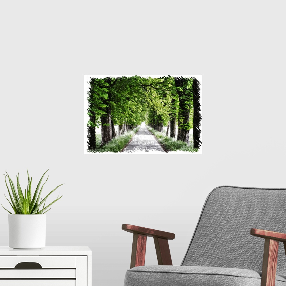 A modern room featuring Path lined with green trees with a drawing finish