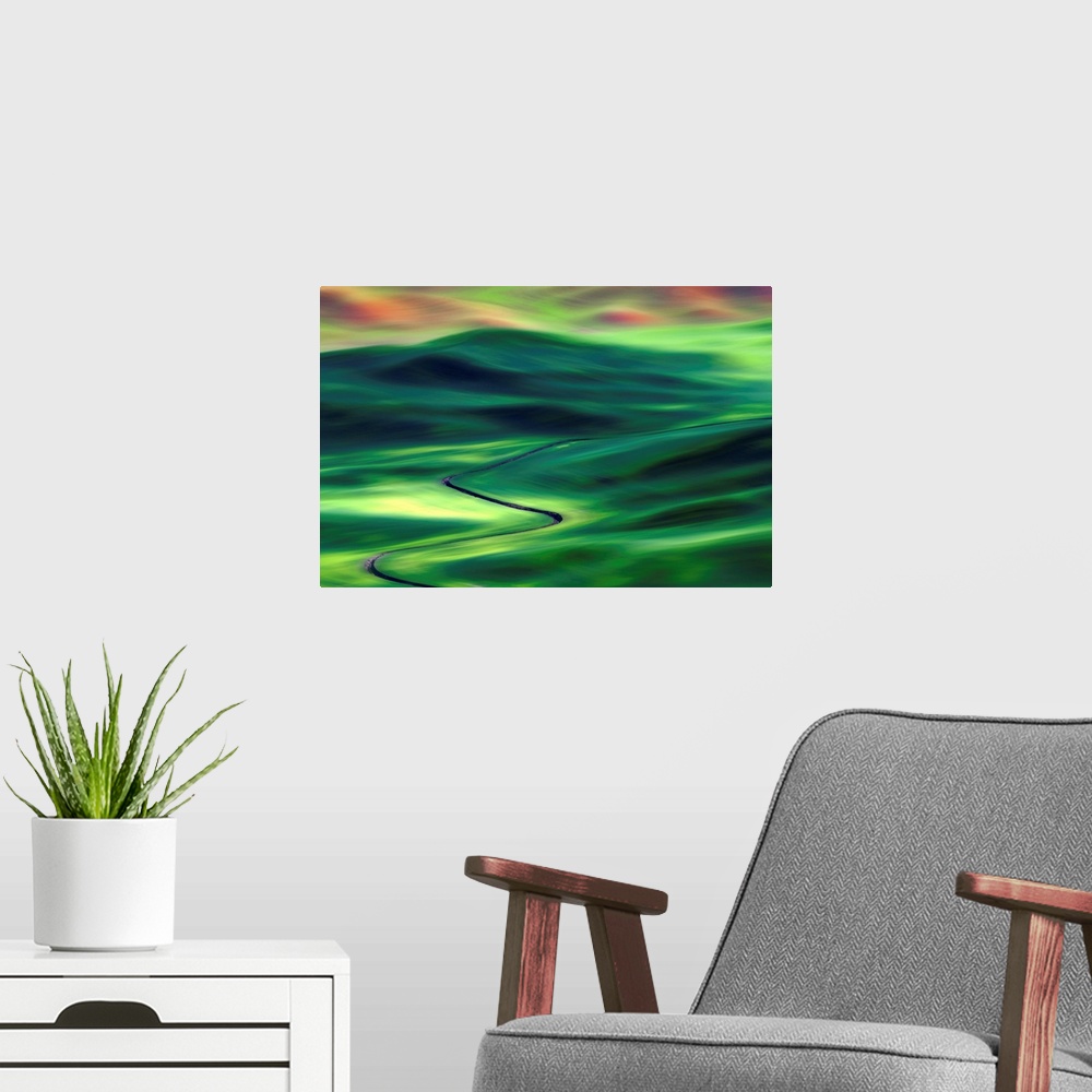A modern room featuring Fine art photo of the rolling fields of Palouse in Washington in the Spring.