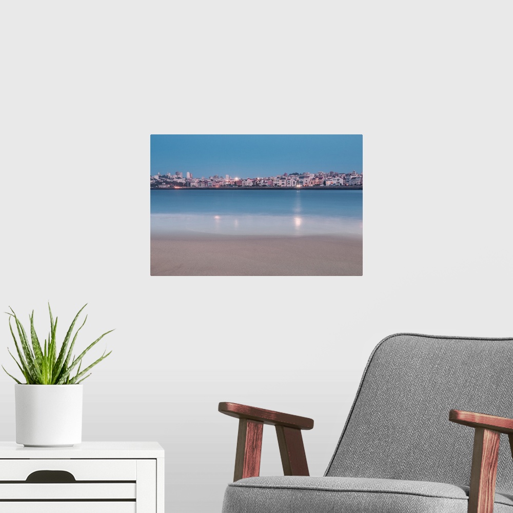 A modern room featuring Long exposure of Marina district, San Francisco, during the blue hour of sunset.