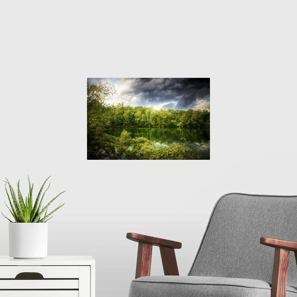 A modern room featuring Photo Expressionism - Green forest around a lake under big clouds.