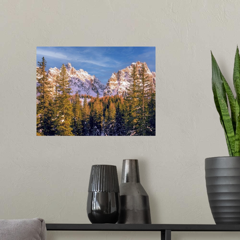 A modern room featuring Photo shot in the Dolomite mountains, the snow-capped peaks behind the Alpine fir trees. I used a...