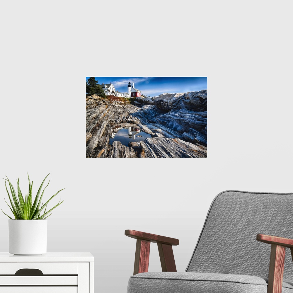 A modern room featuring View of the Pemaquid Point Lighthouse with Image Reflected in Tidal Pool, Maine.