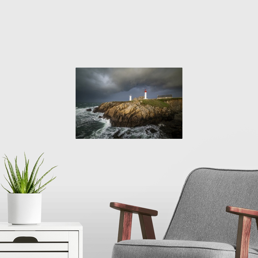 A modern room featuring Stormy time on saint mathieu lighthouse in Brittany in France. Some grey heavy clouds coming on t...