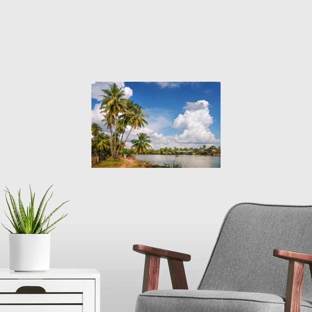 A modern room featuring Asian landscape with palm trees and a blue sky with clouds