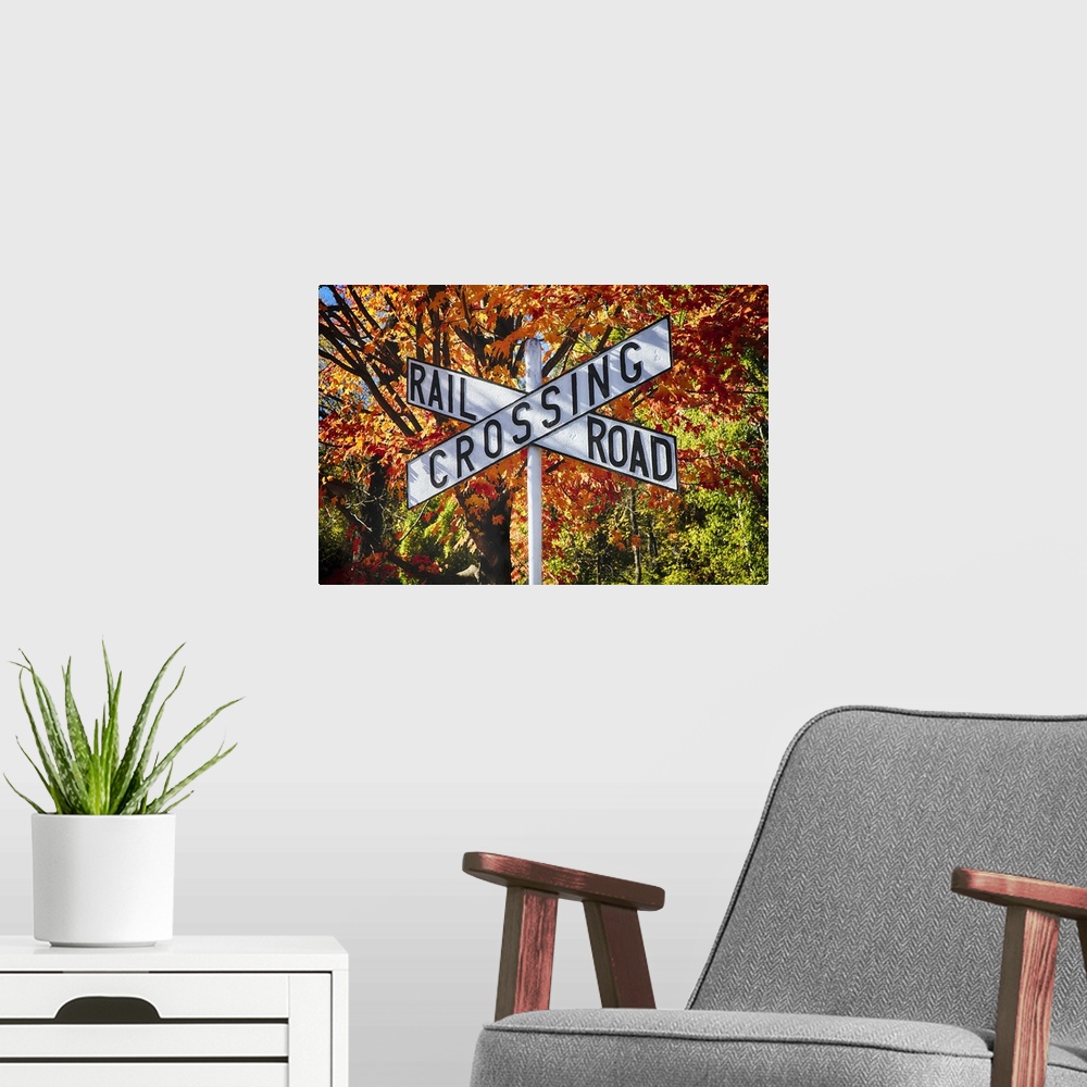 A modern room featuring White railroad crossing sign in the traditional X shape against a backdrop of fall trees.