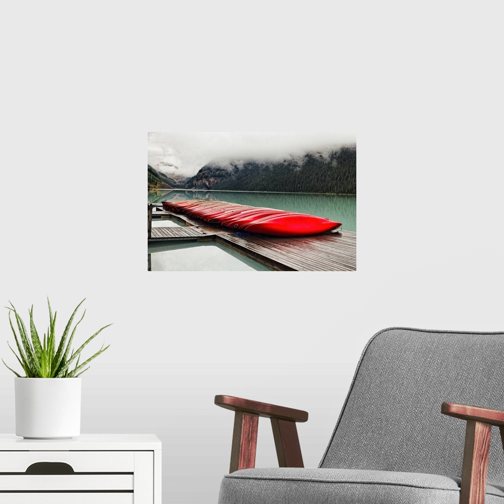 A modern room featuring Low Angle View of a Dock with Red Boats, Lake Louise, Alberta, Canada