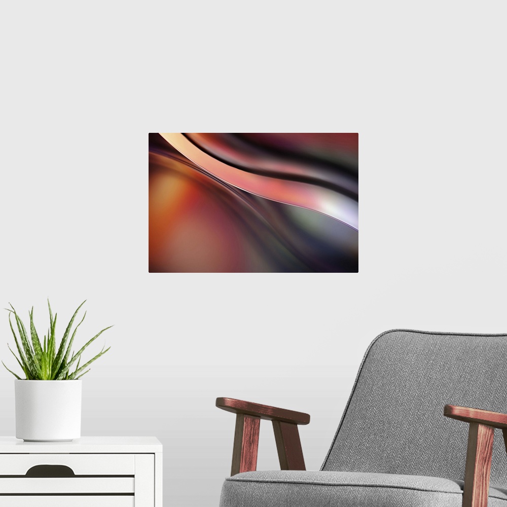 A modern room featuring Abstract photograph with orange, magenta, purple and green hues.