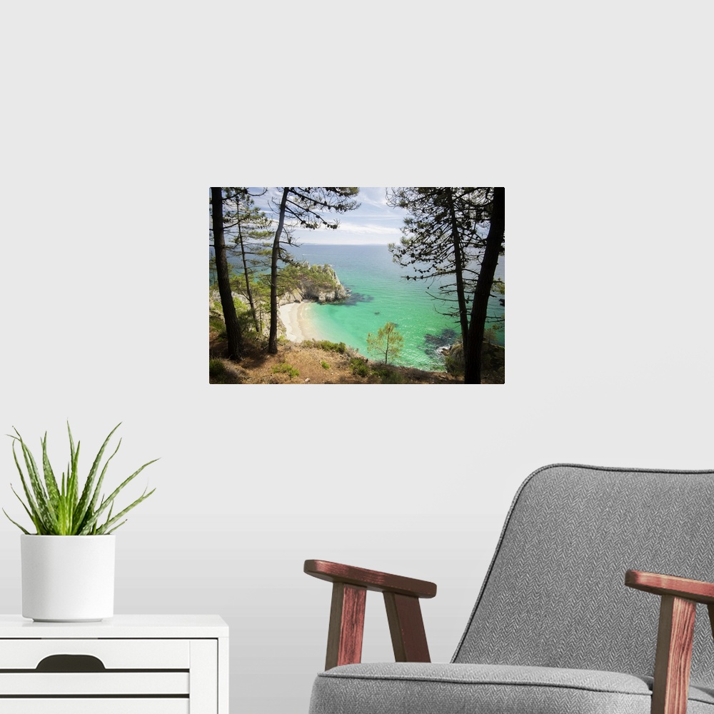 A modern room featuring Crozon island in Brittany, west of France, square shot of Saint Hernot beach.
