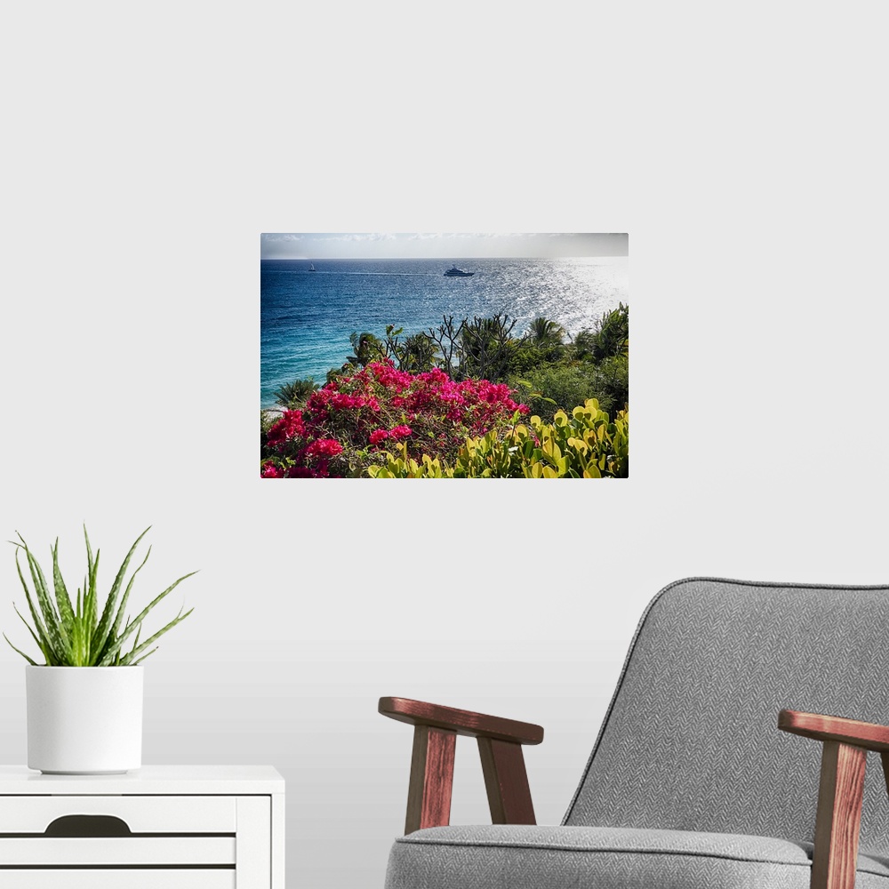 A modern room featuring A photograph of a seascape from a viewpoint with flowers in the foreground.