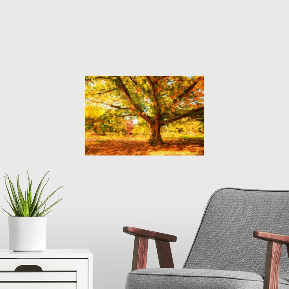 A modern room featuring Expressionist photo or painterly effect on tree in autumn